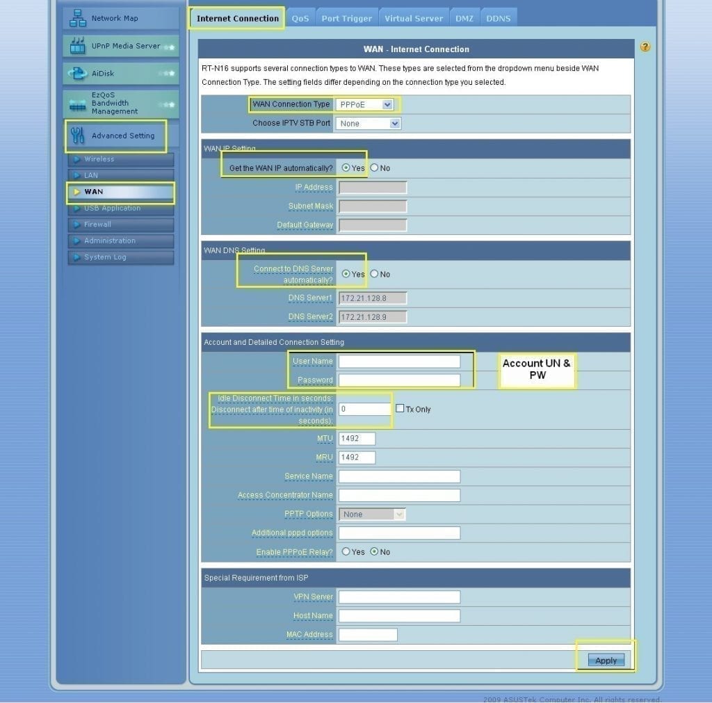 View of Asus Router configuration