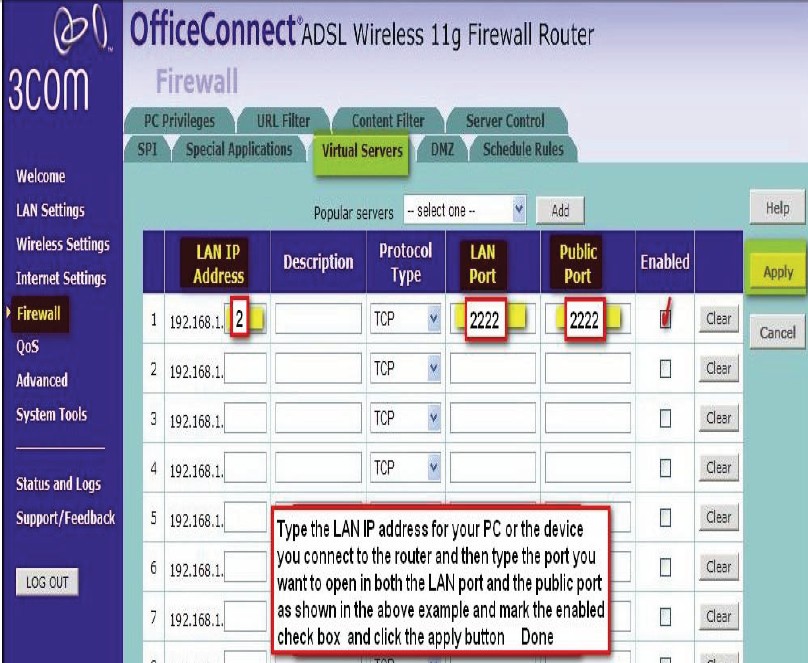 How to open a port on 3com router - تذكرة نت