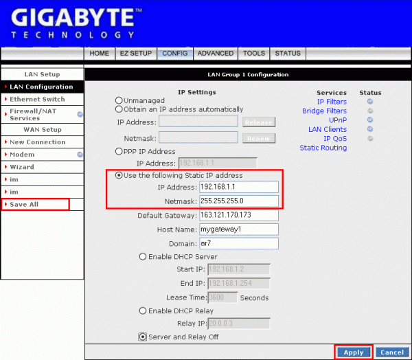 GigaByte Router Configuration