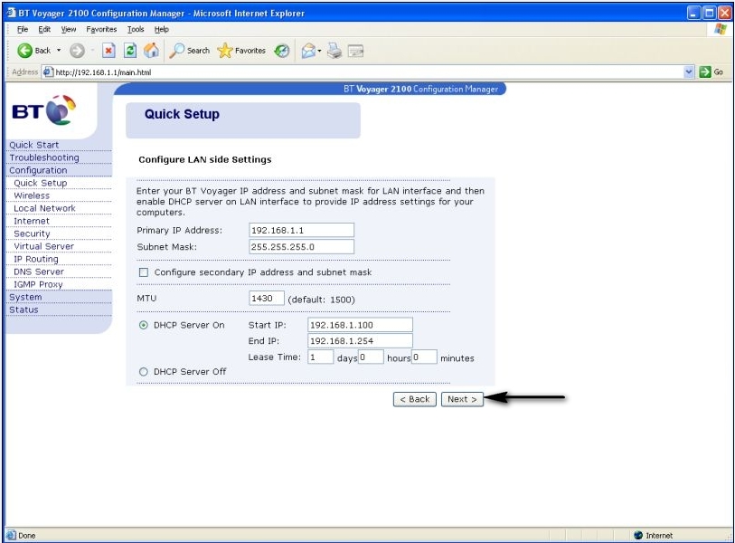 Bt Router Default Ip BT Voyager 2100 Router Configuration