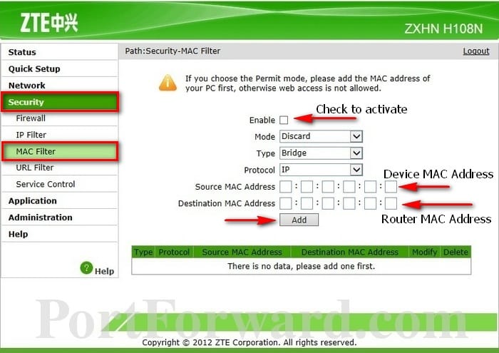 MAC Address Filter for ZXHN 108N
