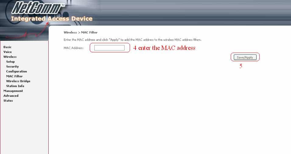 MAC address filter security for Netcomm