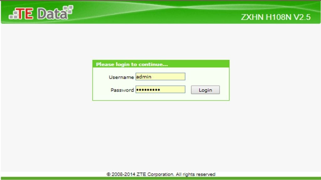 login page ZXHN H108N