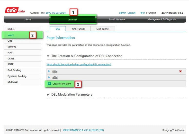 WAN Configuration router ZXHN H168N V3.1