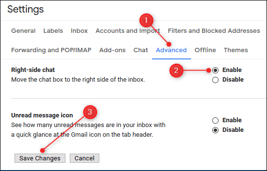Haga clic o toque en Avanzado, habilite la opción Chat en el lado derecho, luego haga clic o toque en Guardar cambios.