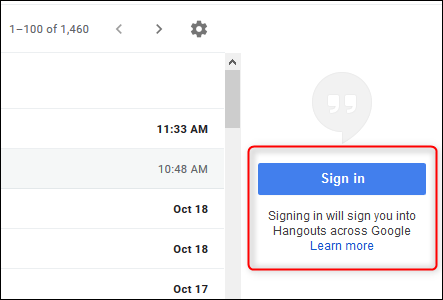 قسم Google Hangouts على اليمين في تطبيق Gmail.