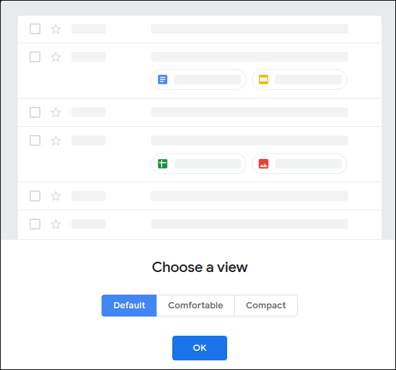 قائمة "اختيار طريقة عرض" في Gmail.