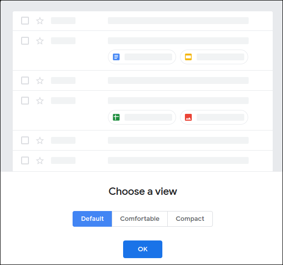 Menú "Elija una vista" de Gmail.