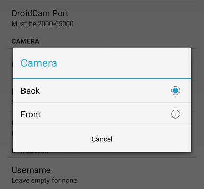 اختر الكاميرا على DroidCam