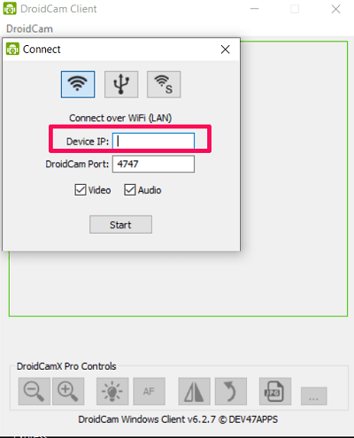 مربع IP للجهاز في عميل Droidcam windows