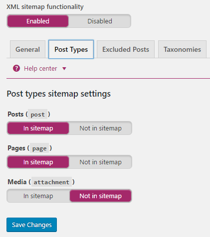 إعدادات نوع نشر ملف sitemap XML