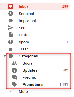 Ang seksyong "Mga Kategorya" ng sidebar ng Gmail.