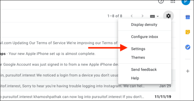 Изберете опцията Настройки в Gmail