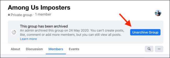 انقر فوق Unarchive Group لاستعادة مجموعة Facebook