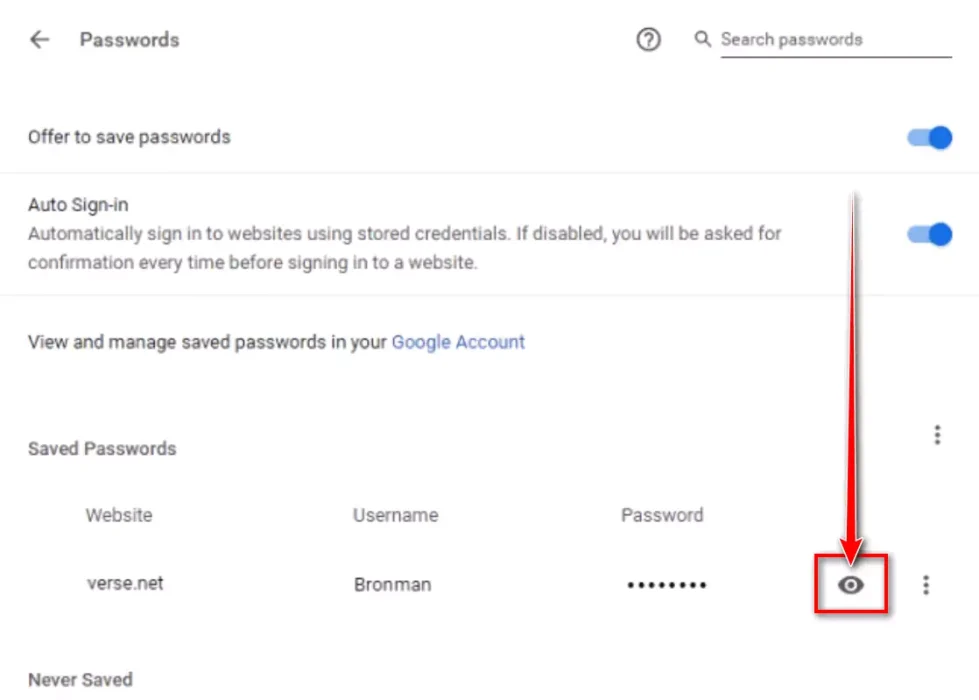 I-klik ang icon sa mata aron ipakita ang na-save nga password