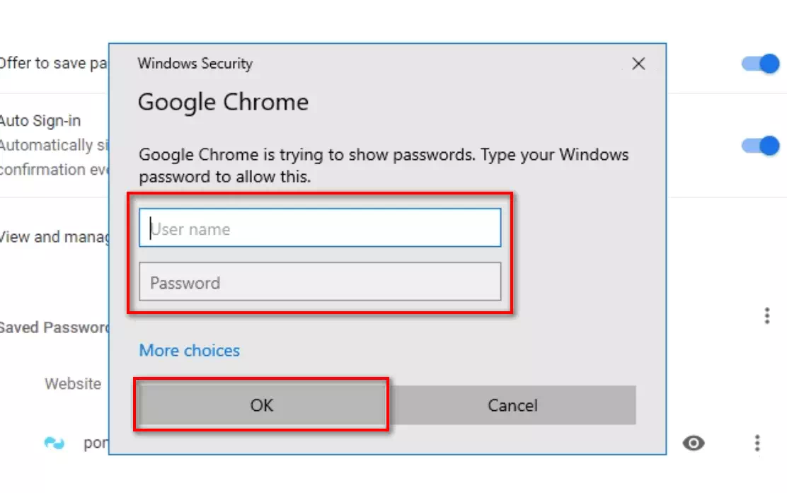 תיבת דו-שיח של Windows Security עבור Google Chrome