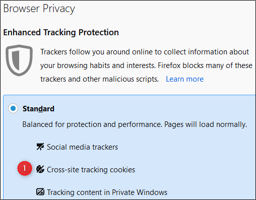 قائمة "خصوصية المتصفح" في Firefox.