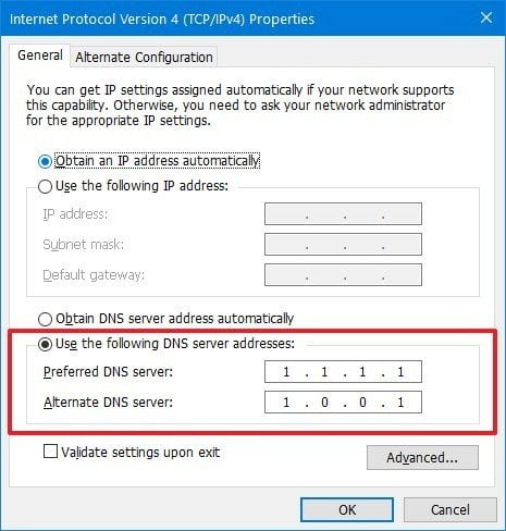 إعدادات شبكة تكوين DNS الثابتة