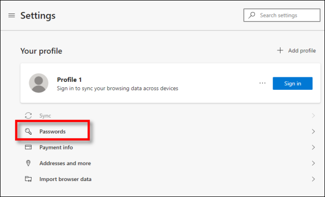 انقر فوق كلمات المرور في إعدادات Edge