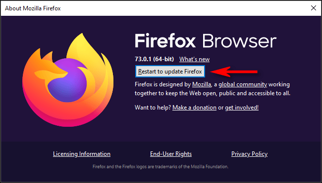 Klik Herlaai om Firefox op te dateer.