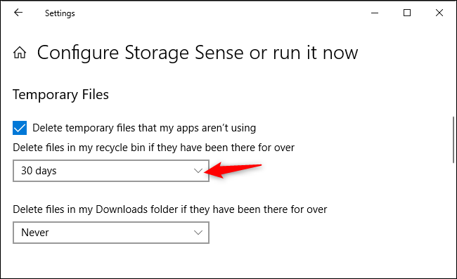 Zaɓin don sarrafa ko Sense Storage yana share fayiloli ta atomatik a cikin Maimaita Bin