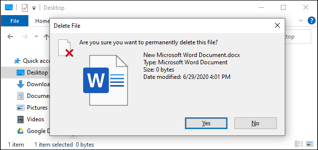 موجه التأكيد عند حذف ملف باستخدام Shift Delete.