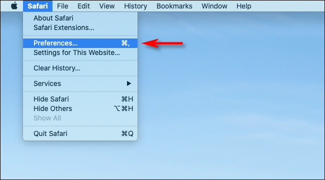 انقر فوق التفضيلات في القائمة في Safari على Mac