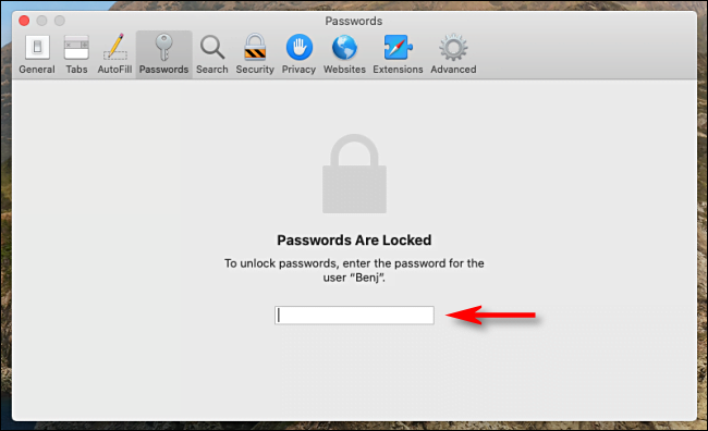 أدخل كلمة مرور النظام لفتح كلمات المرور المخزنة في Safari في التفضيلات
