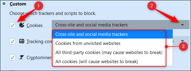 "Cookies" жанындагы кутучаны белгилеңиз, жебени чыкылдатыңыз, анан ачылуучу менюдан бир параметрди тандаңыз.