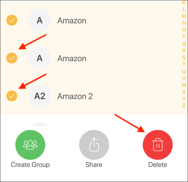ಅಳಿಸಲು ಬಹು ಸಂಪರ್ಕಗಳನ್ನು ಆಯ್ಕೆ ಮಾಡಿ ಮತ್ತು ನಂತರ ಅಳಿಸು ಆಯ್ಕೆಯನ್ನು ಟ್ಯಾಪ್ ಮಾಡಿ