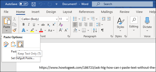 خيار "الاحتفاظ بالنص فقط" للصق النص في Microsoft Word.