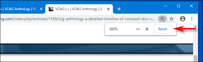 Click the Reset button on the Google Chrome pop-up Zoom to reset the zoom