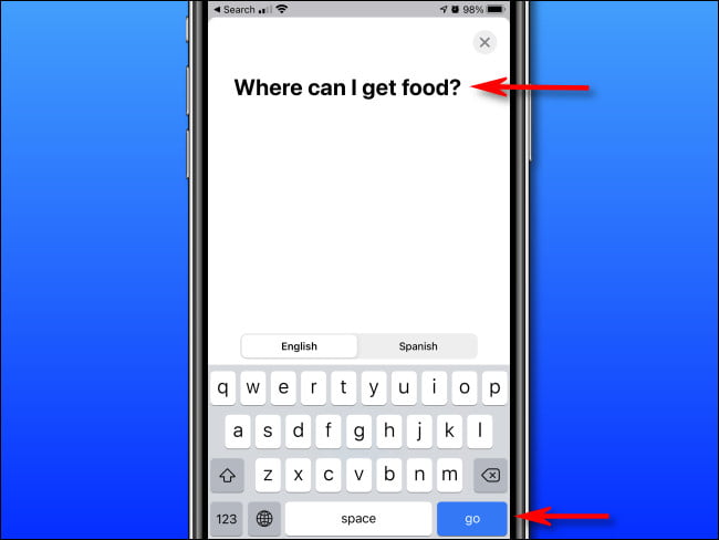 في ترجمة Apple على iPhone ، أدخل النص الذي ترغب في ترجمته باستخدام لوحة المفاتيح على الشاشة ، ثم انقر على "انتقال".
