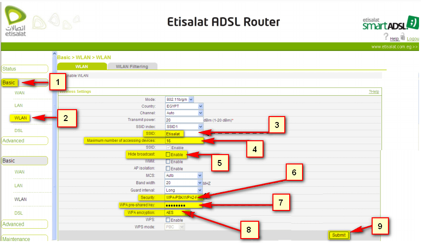 الخطوات اللازمة لإعداد الشبكة اللاسلكية على راوتر الـ ADSL