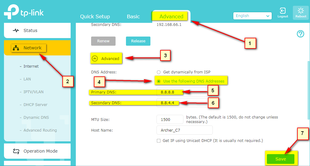 تغيير DNS راوتر TP-Link VDSL VN020-F3