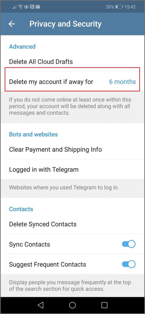 إلغاء تنشيط Telegram - الإعدادات