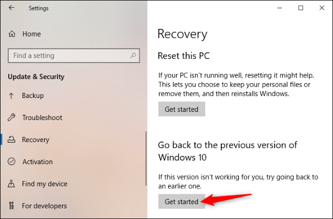 انقر فوق البدء للعودة إلى الإصدار القديم من Windows 10