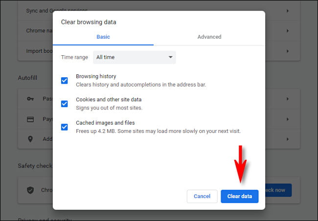 Ing Google Chrome, klik "Clear data".