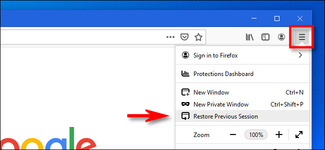 في قائمة Firefox ، انقر فوق "استعادة الجلسة السابقة".