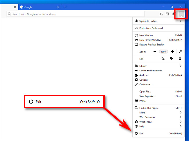 في قائمة Firefox ، حدد "خروج".