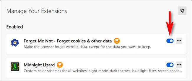 Di Firefox, klik sakelar untuk menonaktifkan ekstensi.