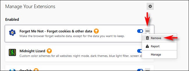 لإزالة امتداد في Firefox ، انقر فوق زر الحذف وحدد "إزالة".