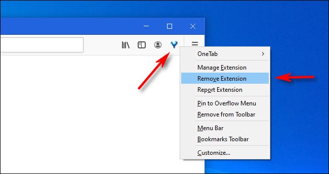 Klik kanan pada ikon ekstensi di Firefox dan pilih "Remvoe Extension".