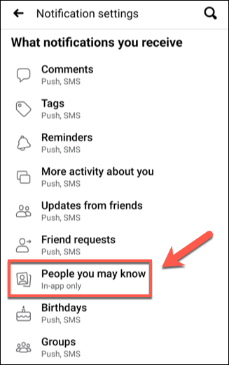 انقر على "أشخاص قد تعرفهم" في قائمة "إعدادات الإشعارات".
