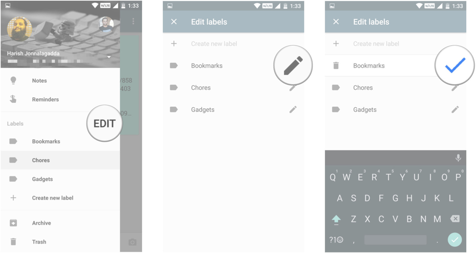 Google Keep የአርትዕ መለያዎች