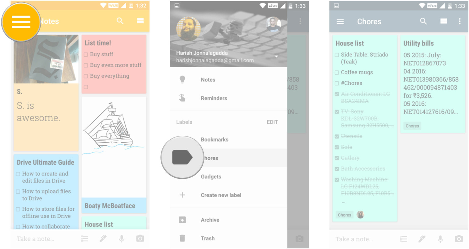 Google Keep تسميات الفرز