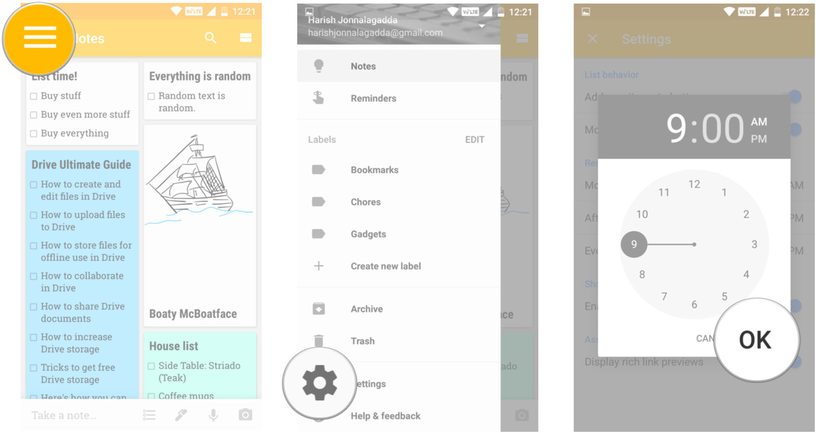 Google Keep eslatma sozlamalari