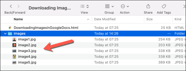 مثال على مستندات وصور Google Docs ، تم تصديرها إلى Mac بتنسيقات HTML و JPG.