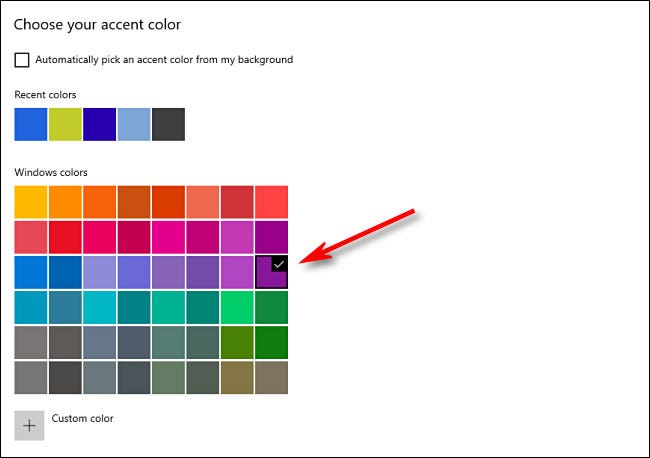 في إعدادات النافذة ، اختر لون التمييز الخاص بك من الشبكة.
