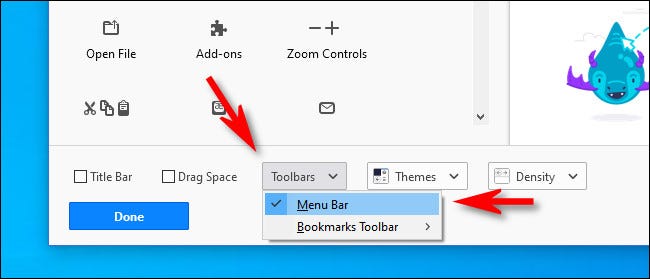 Di tab "Sesuaikan Firefox", klik tombol "Bilah Alat" dan pilih "Bilah Menu".